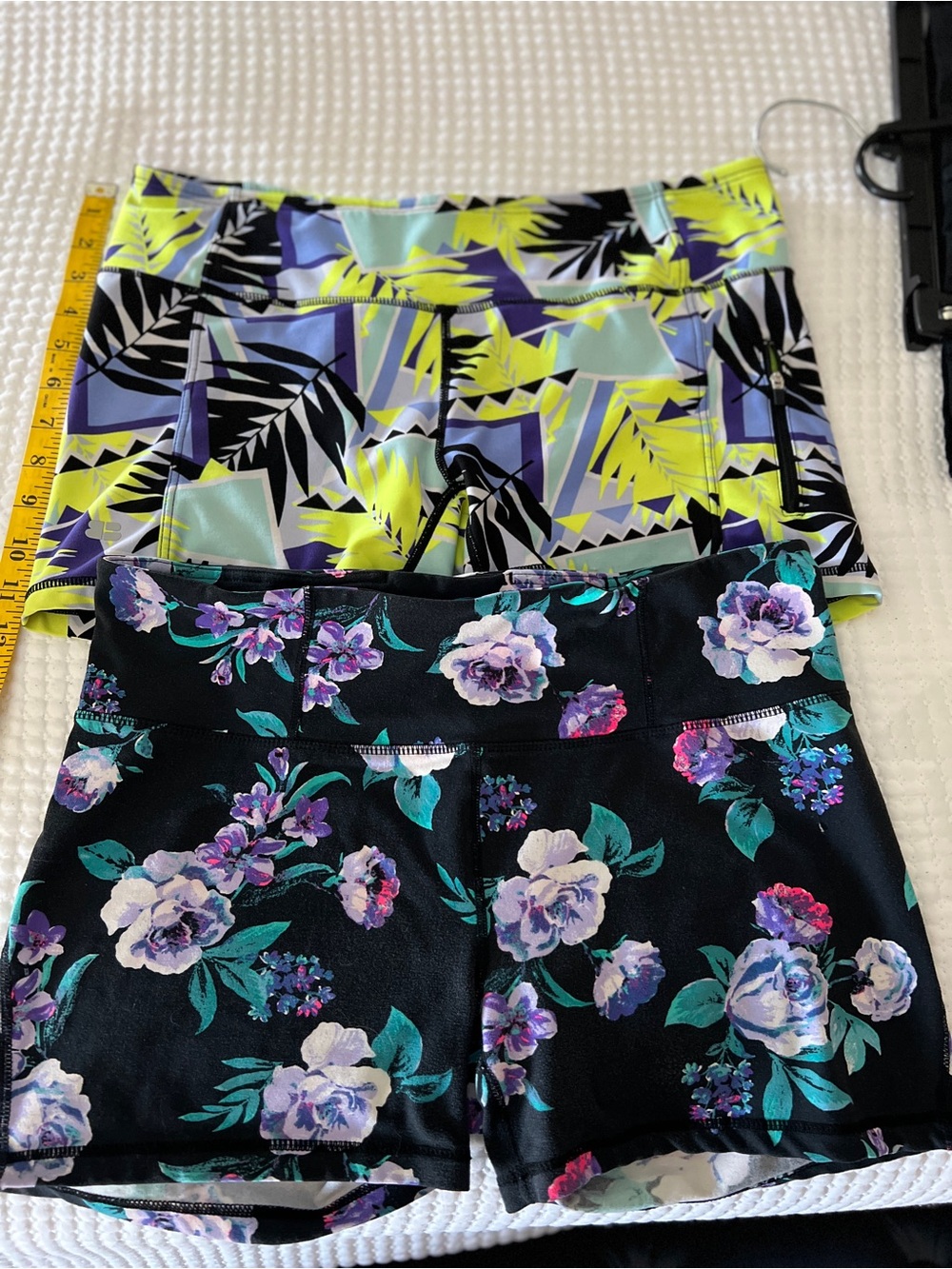Floral & Geometric Print Women’s Active Shorts - Black Floral / Lime Geometric